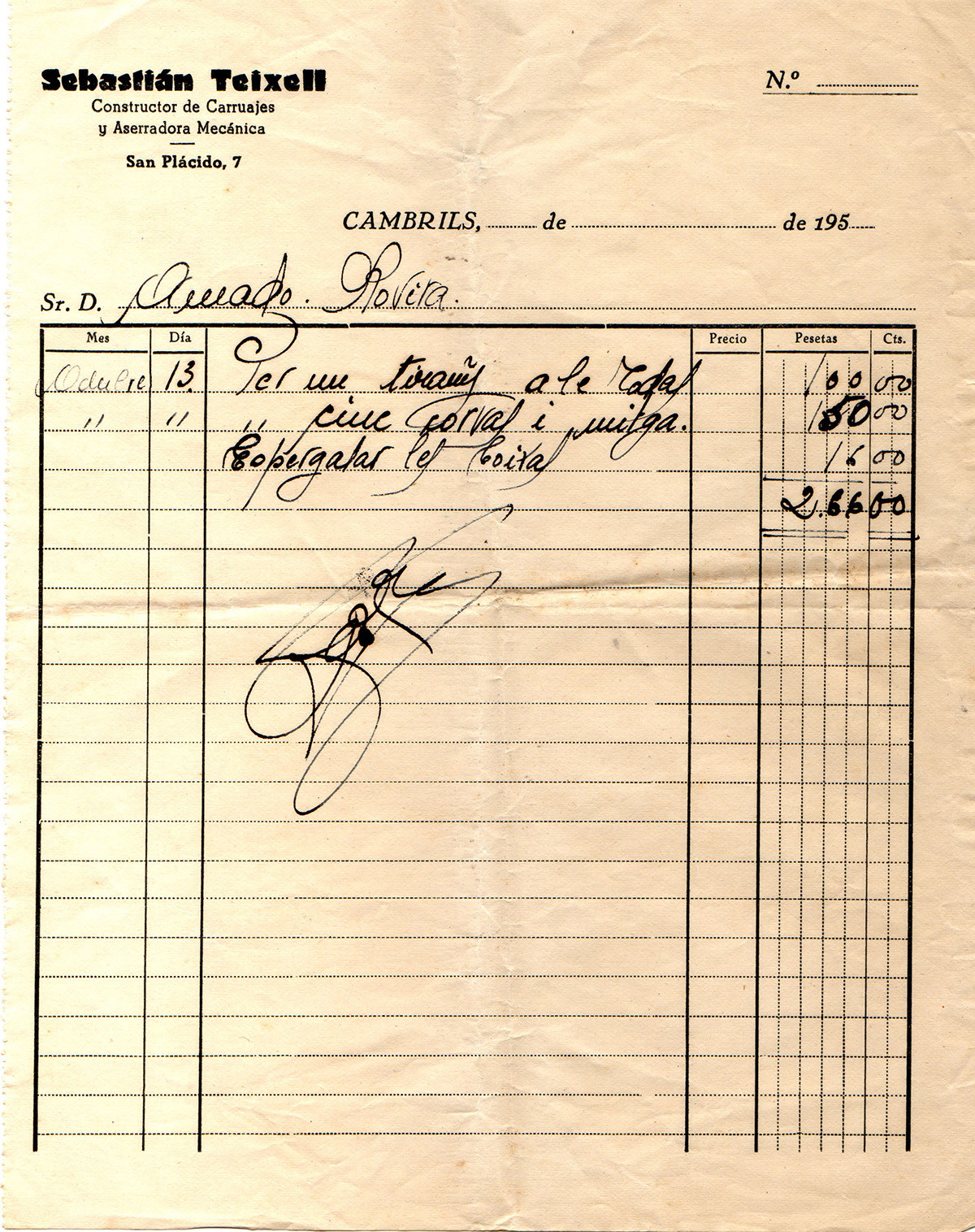 factura sebastian teixell 1950 cambrils