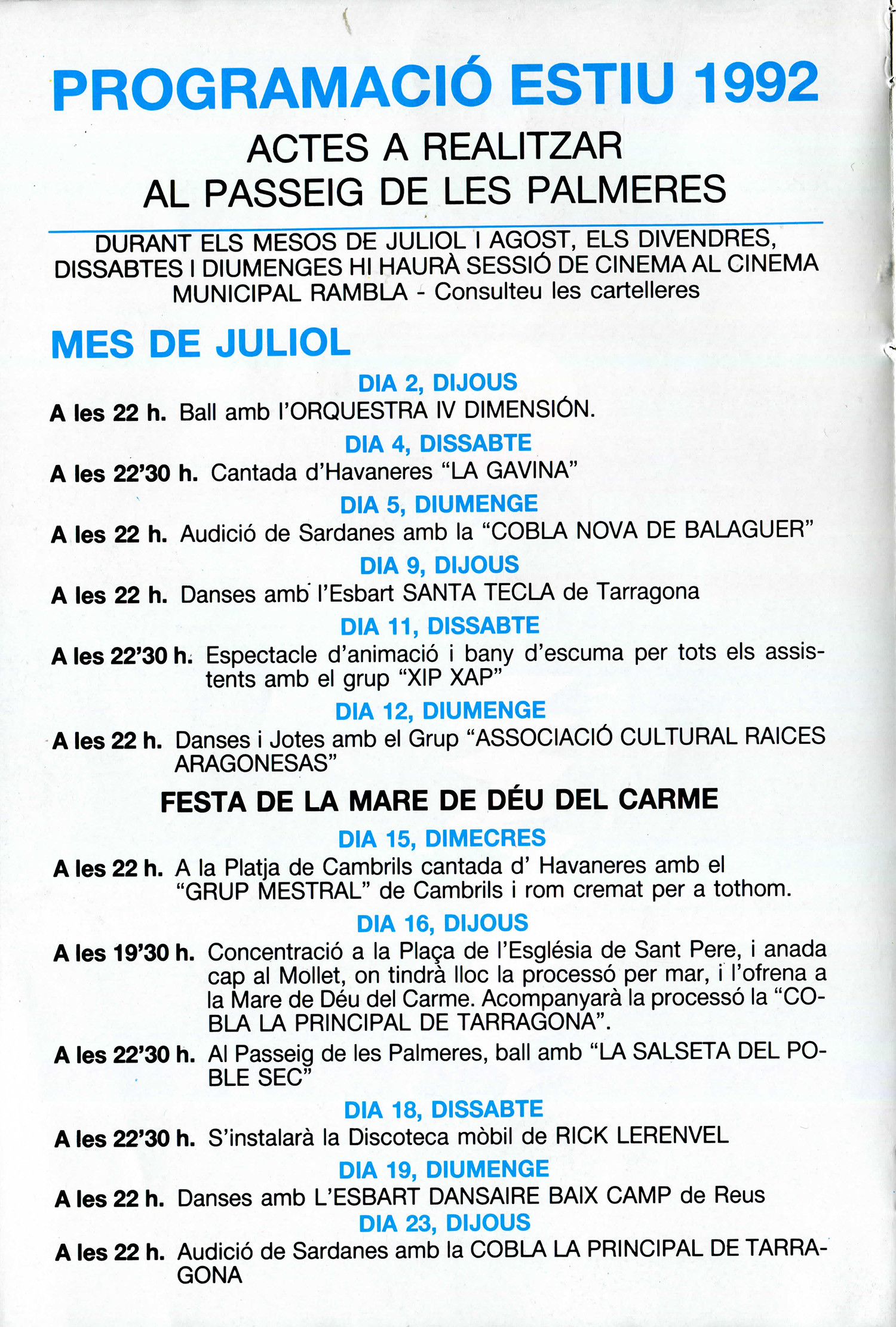 Programa actes Nits d'estiu vora el mar 1992