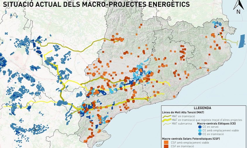 Mapa de les centres d'energia renovable en funcionament i projectades i les línies d'evacuació que es preveuen