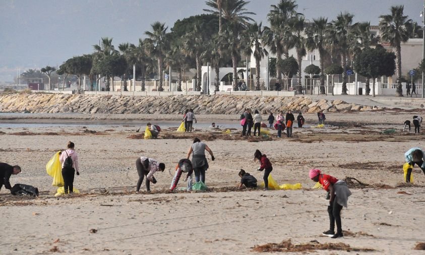 Imatge d'arxiu de voluntaris netejant la platja de la Llosa, el febrer de 2020
