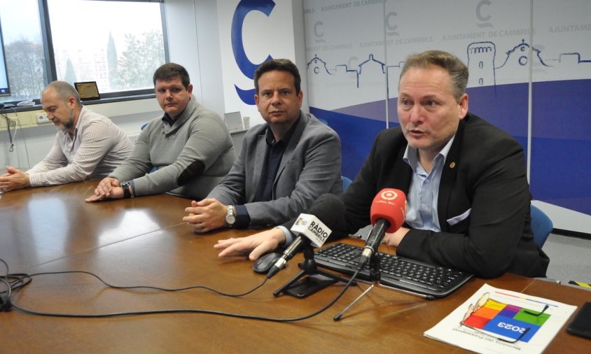 Roda de premsa de presentació del pressupost municipal, aquest matí. D'esquerra a dreta: Alfredo Clúa, Juan Carlos Romera, Oliver Klein i David Chatelain