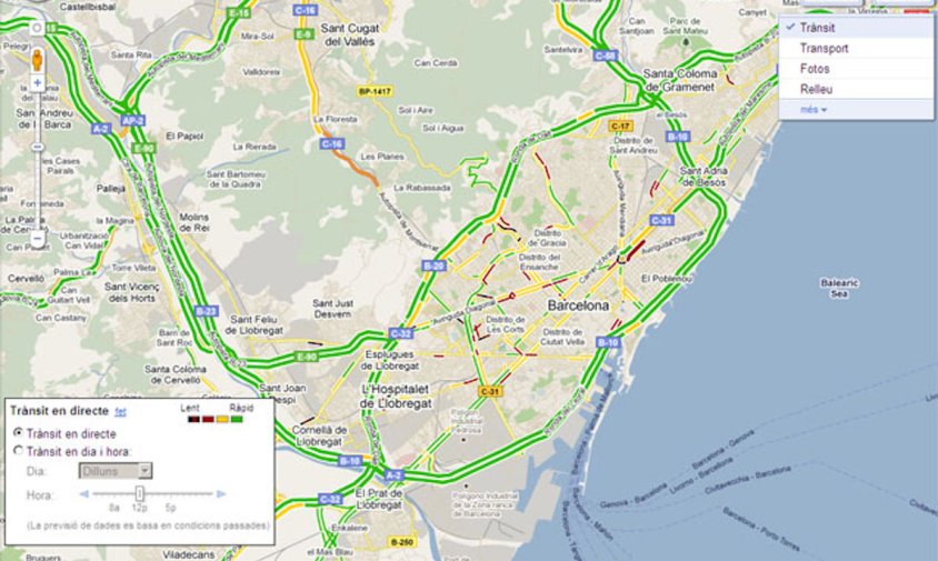 Aspecte del mapa del trànsit del Google Maps