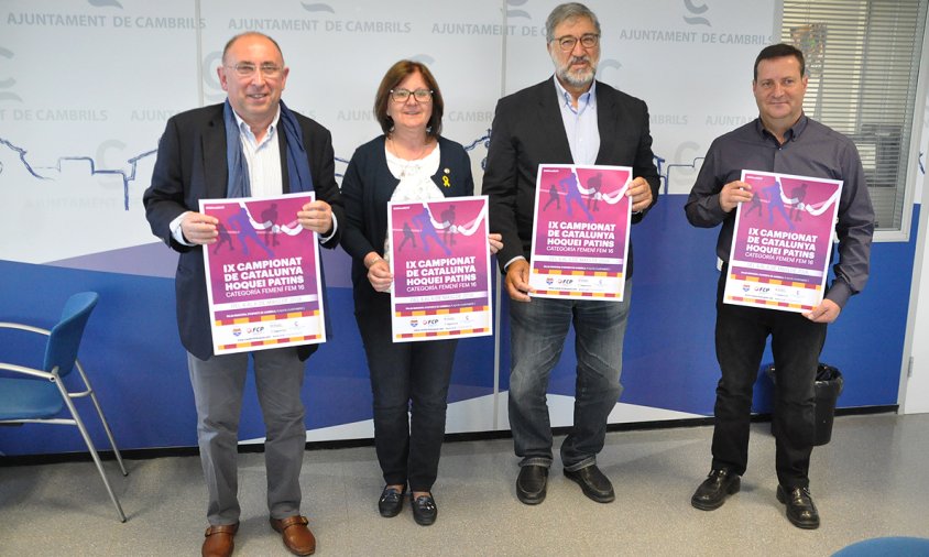 Rafael Serrano, Camí Mendoza, Josep M. Vallès i Jordi Fernández, ahir, a la presentació del Campionat de Catalunya d'Hoquei Patins Femení Fem16