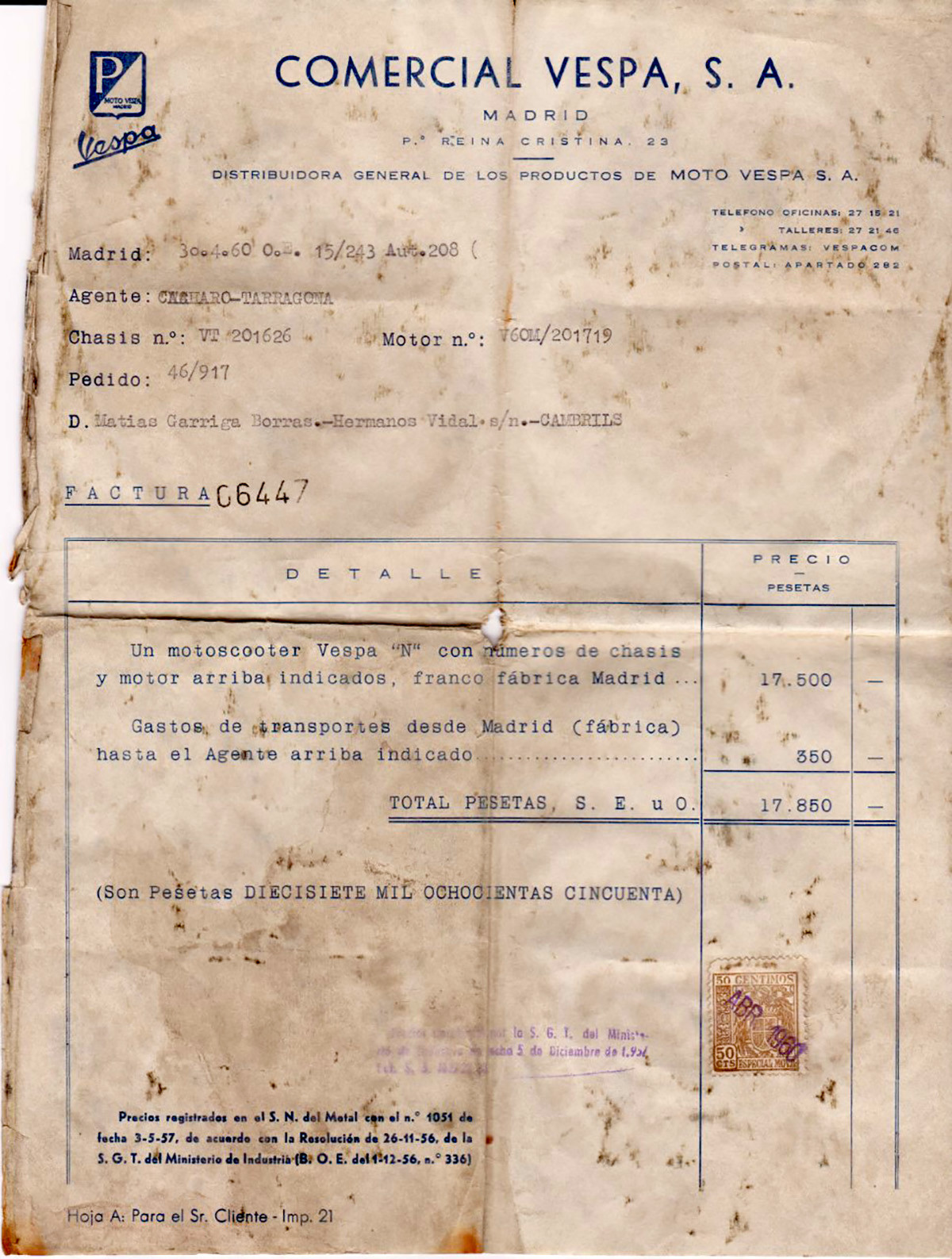 factura vespa matias garriga cambrils 1960