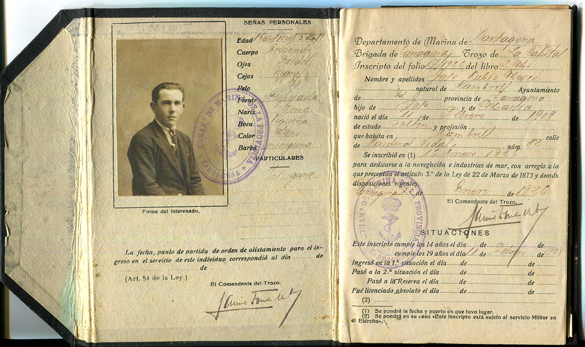 llibreta navegacio cambrils 1926 josep rubio