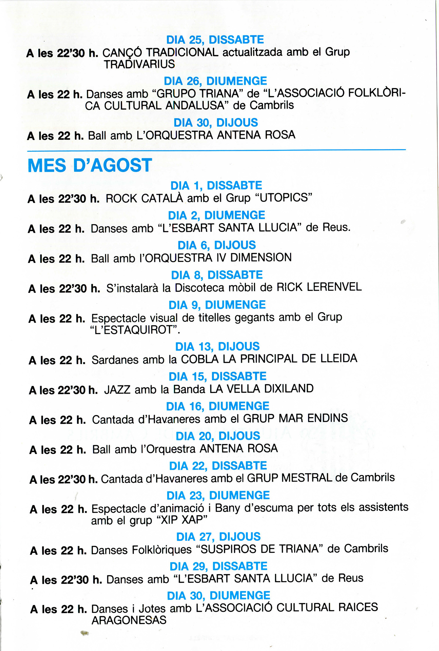 Programa actes Nits d'estiu vora el mar 1992