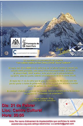 Òscar Cadiach, el primer alpinista català que va pujar a l'Everest, presentarà el seu projecte "14+1x8000 Himalayan Challenge"