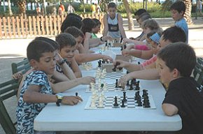 Un gran nombre de joves participen cada tarda en l'activitat Escacs a la Fresca al Parc del Pescador