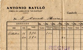 Factura Antoni Batlló, fàbrica de totxos de "Les Quetgles" / 1950