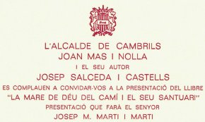 Invitació per a la presentació del llibre «La Mare de Déu del Camí i el seu santuari» / 1986