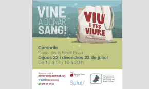 «Viu i fes viure», la propera campanya de donació de sang, els dies 22 i 23 de juliol, al Casal Municipal de la Gent Gran