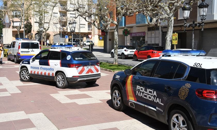 Imatge d'arxiu de diversos cotxes dels diferents cossos policials estacionats al mig del passeig de l'Estació, el març de 2021