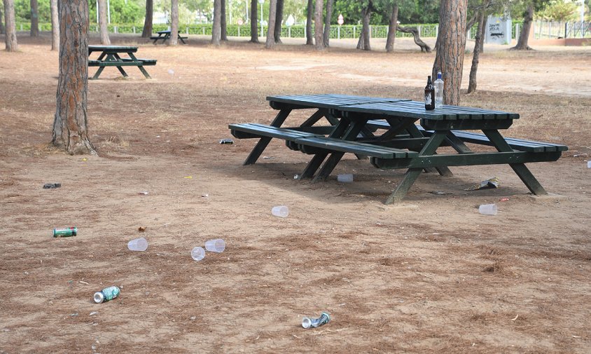 Llaunes, gots i ampolles llançades per terra a la zona de pícnic del parc del Pinaret