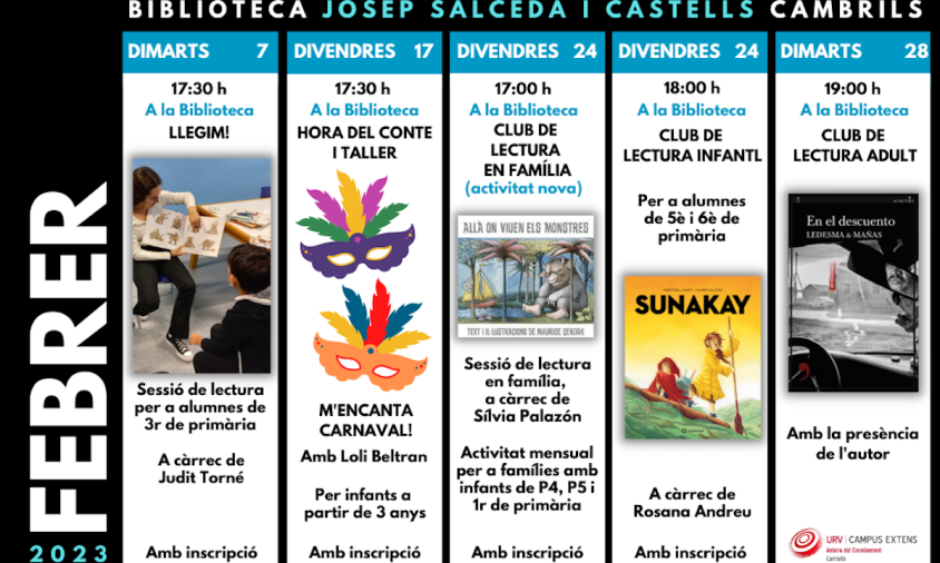 Cartell de la programació d'activitats de la Biblioteca per aquest mes de febrer