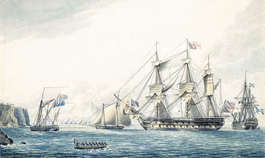 Aquarel·la en la que es veu una de les naus angleses que va participar a l'atac a Cambrils, en aquest cas a l'estret de Gibraltar