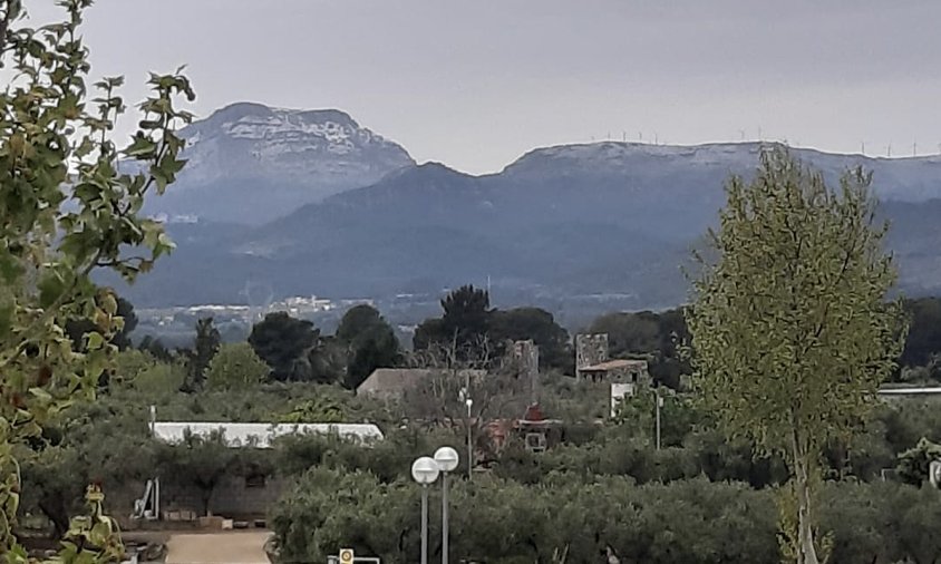 La muntanya de la Mola i serres del voltant amb neu, en una imatge presa des de Montbrió