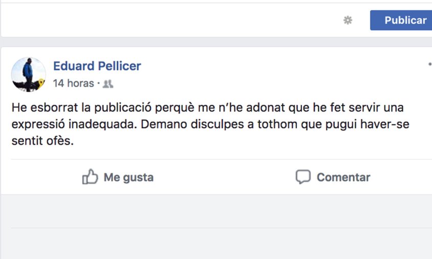 Publicació d'Eduard Pellicer a Facebook demanant disculpes