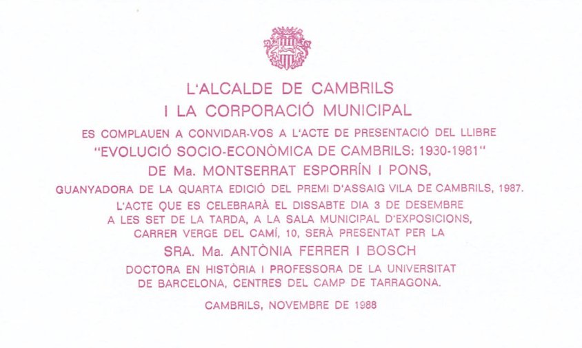 Invitació a l’acte de presentació del llibre “Evolució socio-econòmica de cambrils: 1930-1981” / Novembre 1988
