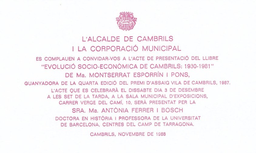 Invitació a l’acte de presentació del llibre “Evolució socio-econòmica de cambrils: 1930-1981” / Novembre 1988