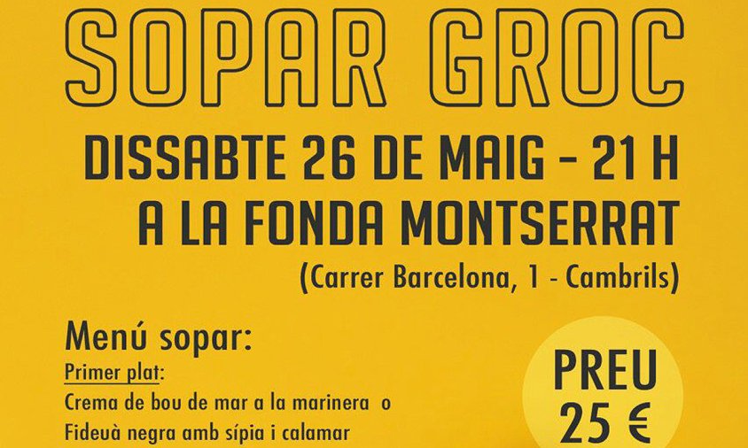 Cartell del sopar groc solidari que es farà el dissabte 26 de maig