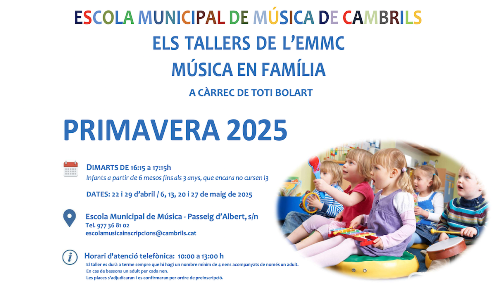 L'Escola de Música ofereix, aquesta primavera, nous tallers en família